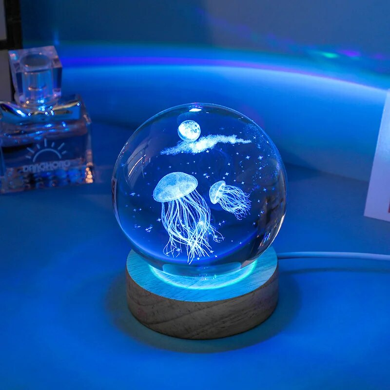 3D Jellyfish Lamp Laser Engraved Crystal Ball LED Night Light