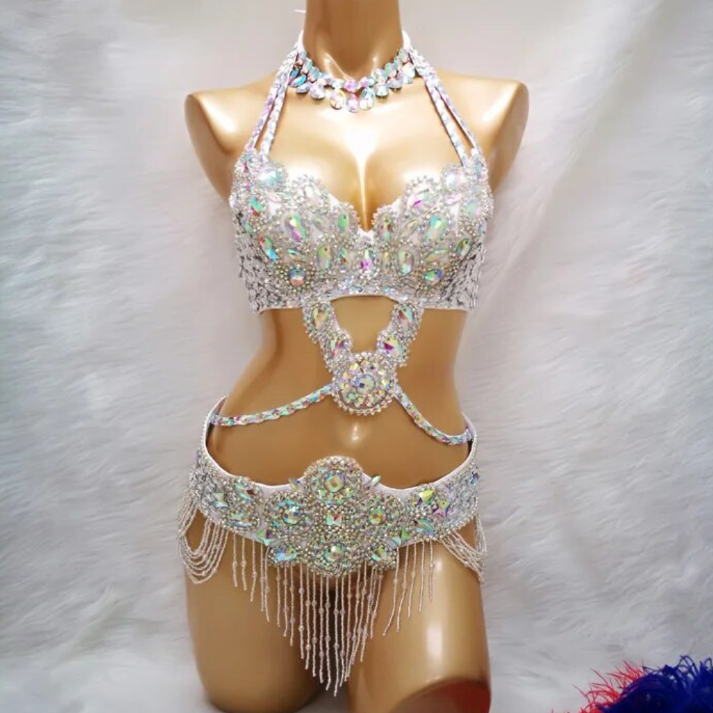 Beaded Crystal Belly Dance Costume 3PCS Set (4 Colors) 11 Sizes
