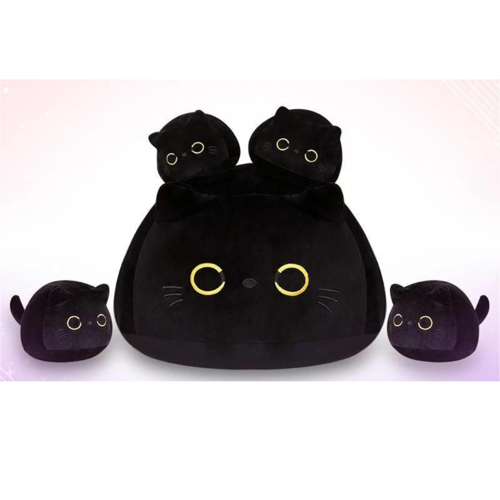 Black Cat Mom with 4 Kitten Set Stuffed Animal Pillow Plush (2 Style)