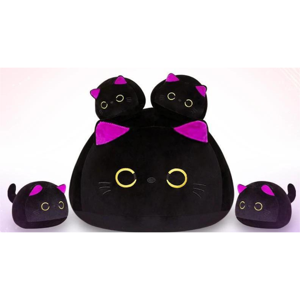 Black Cat Mom with 4 Kitten Set Stuffed Animal Pillow Plush (2 Style)