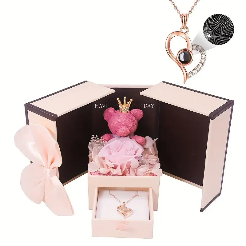 3-in-1 Enchanted Rose Crown Bear Heart Necklace Gift Box Set (4 Style)