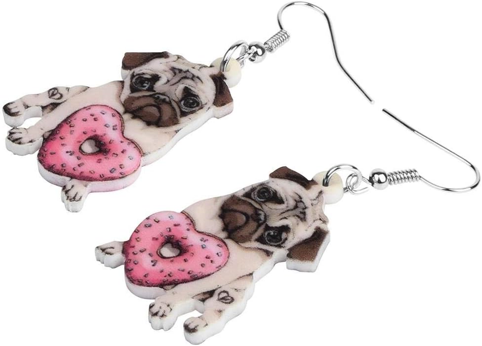 Pug Heart Donut Earrings Acrylic Cute Dog Pet Jewelry