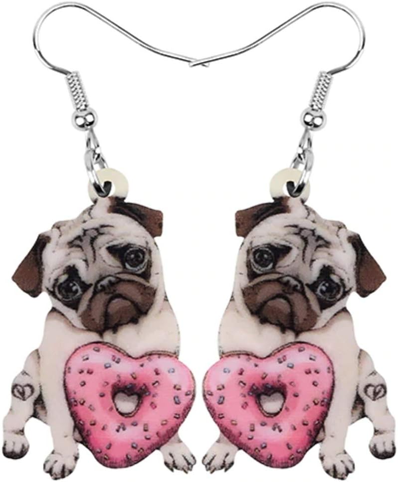 Pug Heart Donut Earrings Acrylic Cute Dog Pet Jewelry