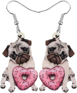 Pug Heart Donut Earrings Acrylic Cute Dog Pet Jewelry