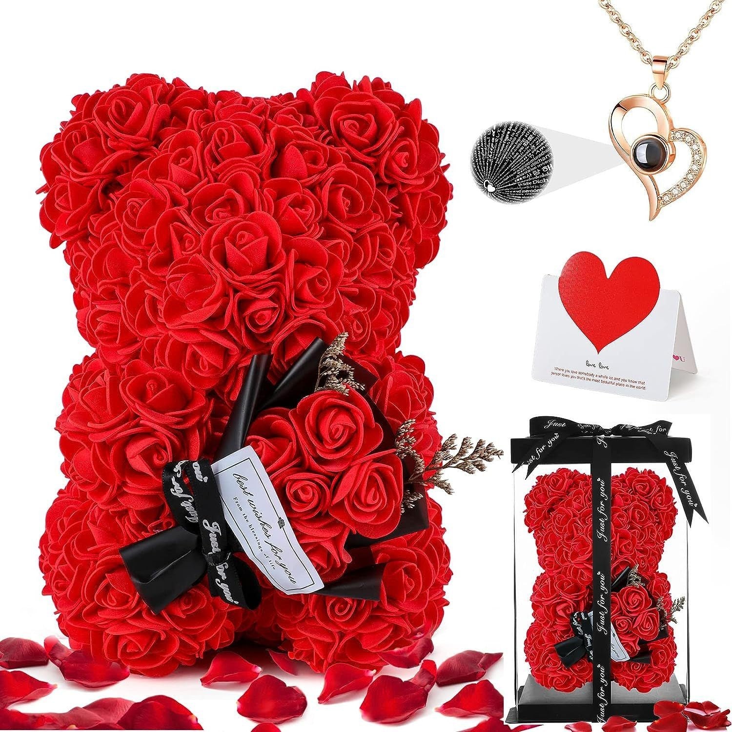 Enchanted Forever Rose Teddy Bear Gift Set with Necklace