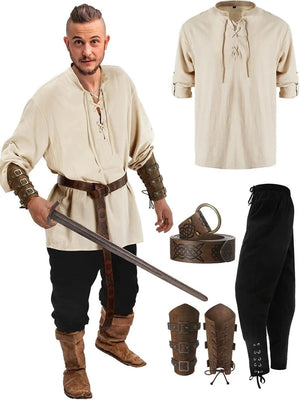 Viking Costume Set Long Sleeve Shirt Trouser (6 Colors) S-3XL