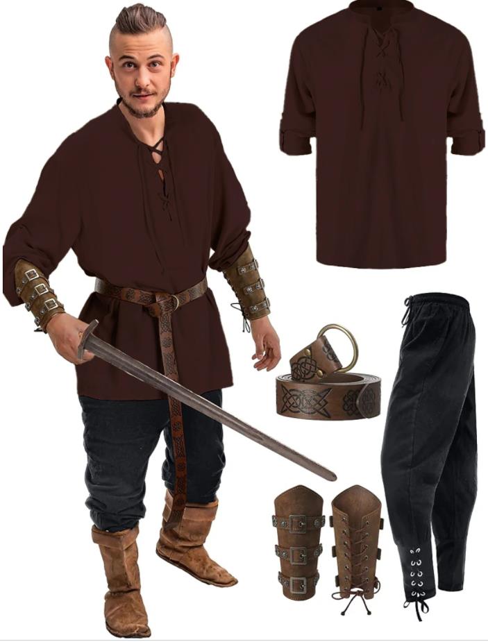 Viking Costume Set Long Sleeve Shirt Trouser (6 Colors) S-3XL