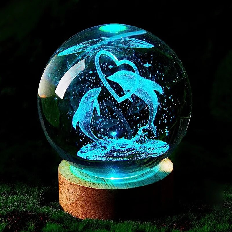 3D Dolphin Crystal Ball Lamp Laser Engraved Night Light