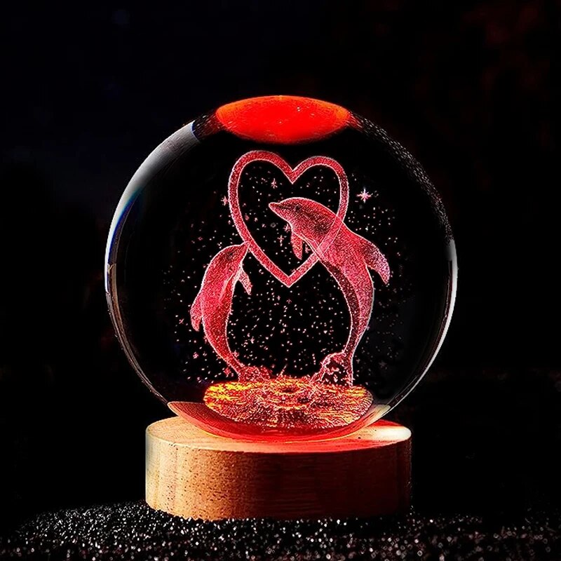 3D Dolphin Crystal Ball Lamp Laser Engraved Night Light