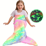 Glow-in-the-dark unicorn mermaid tail blanket for girls with rainbow design and soft flannel material