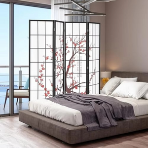 Japanese style 4-panel Shoji folding room divider with plum blossom design and solid wood frame