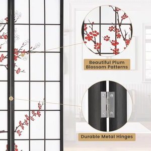 Japanese style 4-panel Shoji folding room divider with plum blossom design and solid wood frame