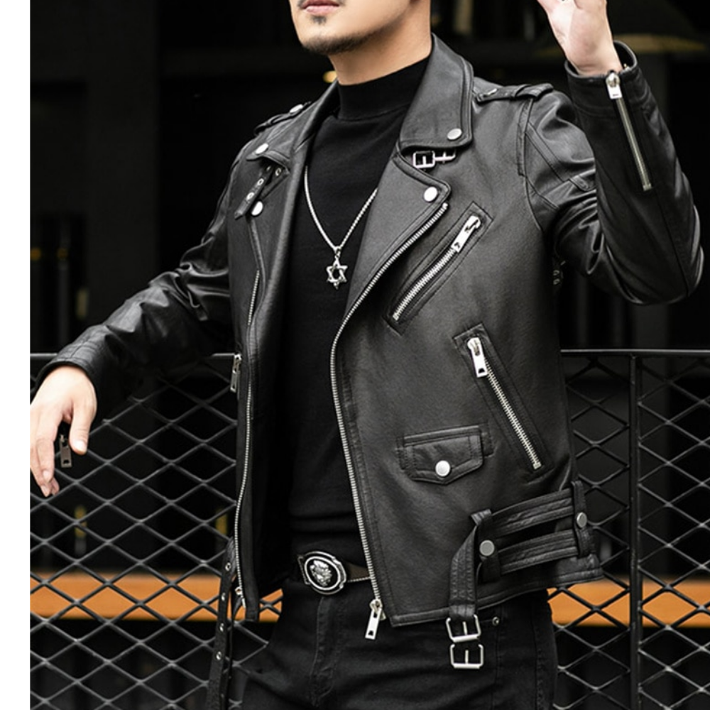 Black Zipper Leather Jacket (7 Sizes) M-5XL
