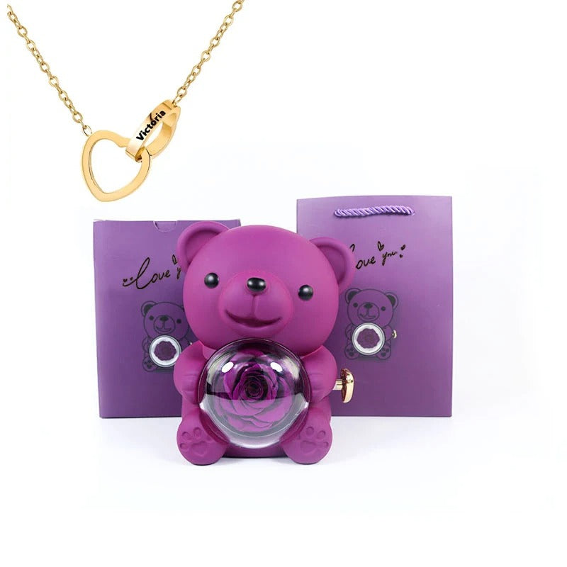 Custom Text Heart Necklace Eternal Rose Teddy Bear Rotated Gifts Box (6 Colors)