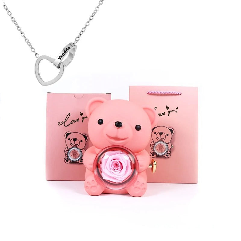 Custom Text Heart Necklace Eternal Rose Teddy Bear Rotated Gifts Box (6 Colors)