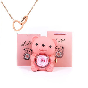 Custom Text Heart Necklace Eternal Rose Teddy Bear Rotated Gifts Box (6 Colors)