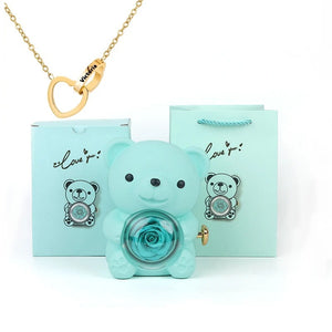 Custom Text Heart Necklace Eternal Rose Teddy Bear Rotated Gifts Box (6 Colors)