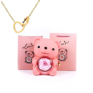 Custom Text Heart Necklace Eternal Rose Teddy Bear Rotated Gifts Box (6 Colors)