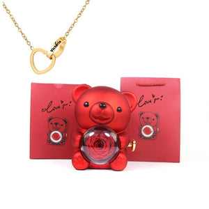 Custom Text Heart Necklace Eternal Rose Teddy Bear Rotated Gifts Box (6 Colors)