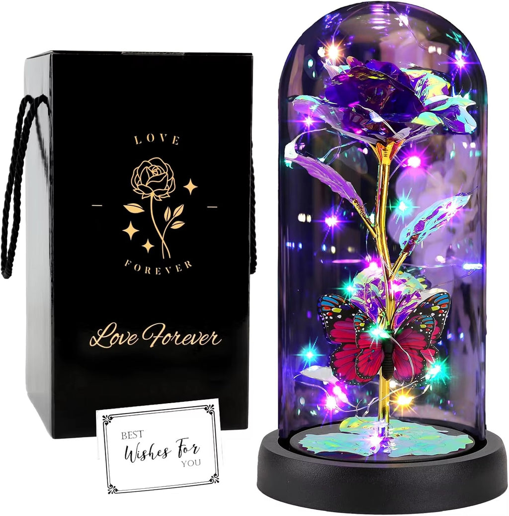 Enchanted Butterfly Galaxy Rose LED Glass Display (Pink Box)