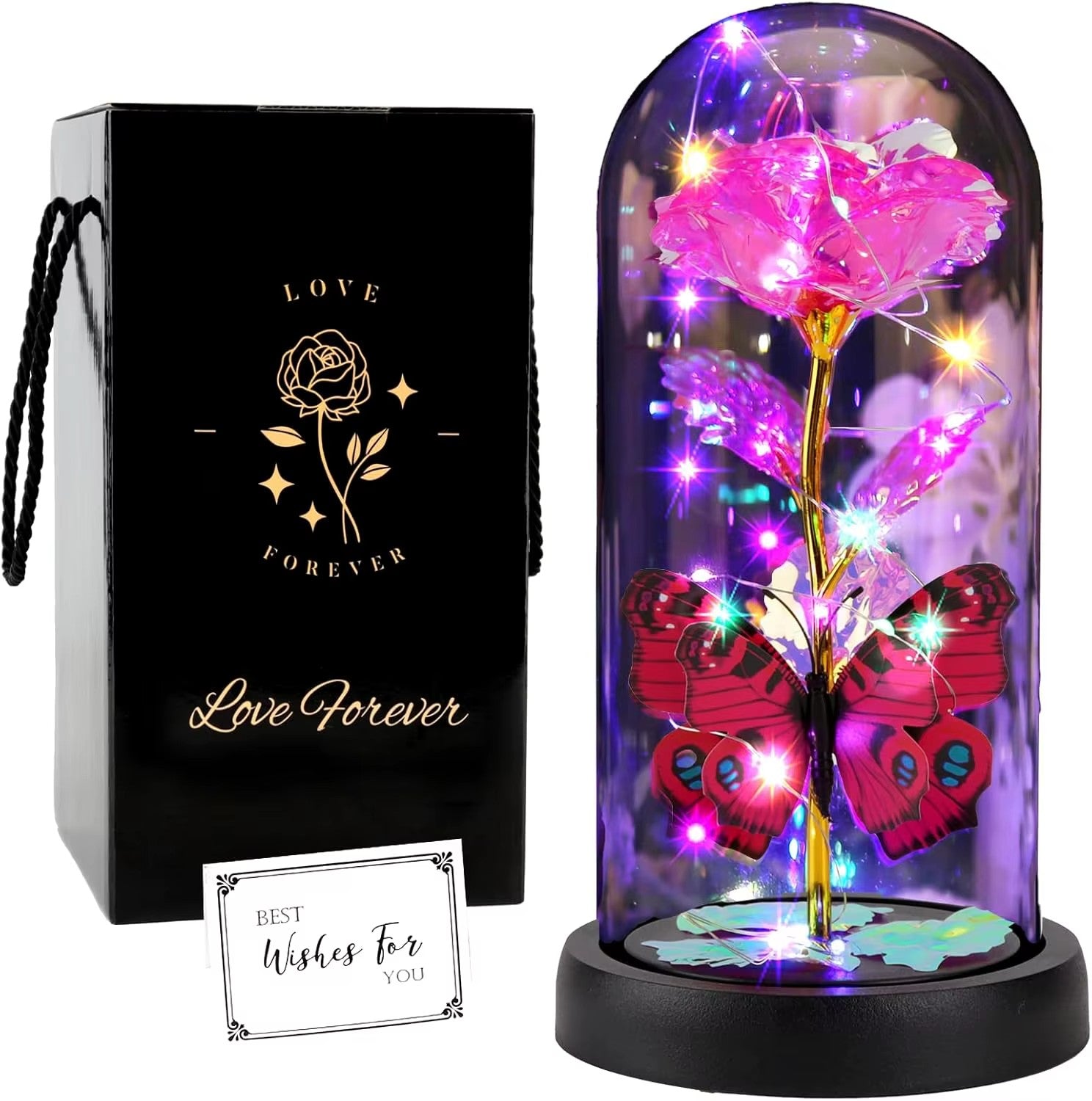 Enchanted Butterfly Galaxy Rose LED Glass Display (Pink Box)