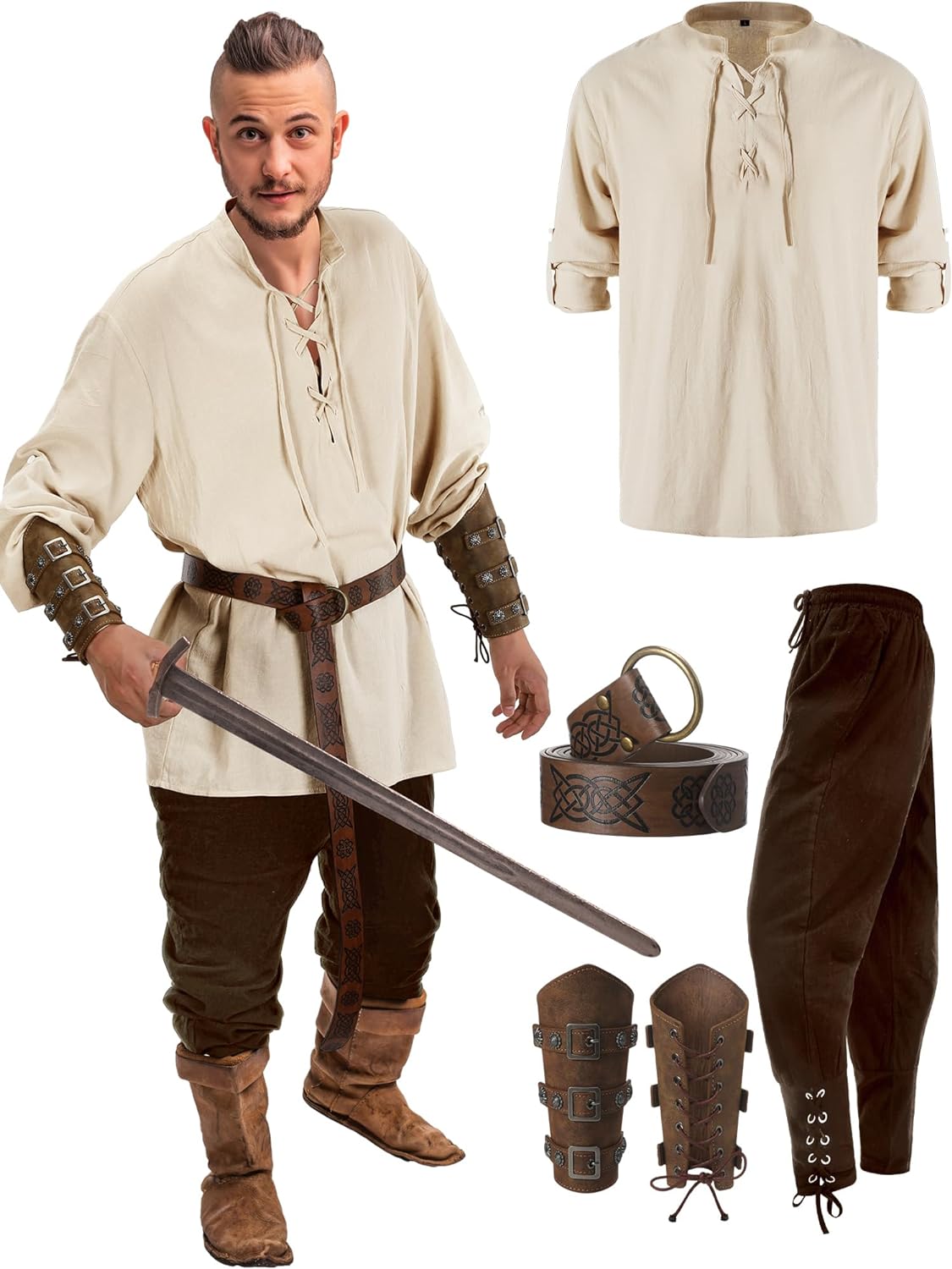 Viking Costume Set Long Sleeve Shirt Trouser (6 Colors) S-3XL