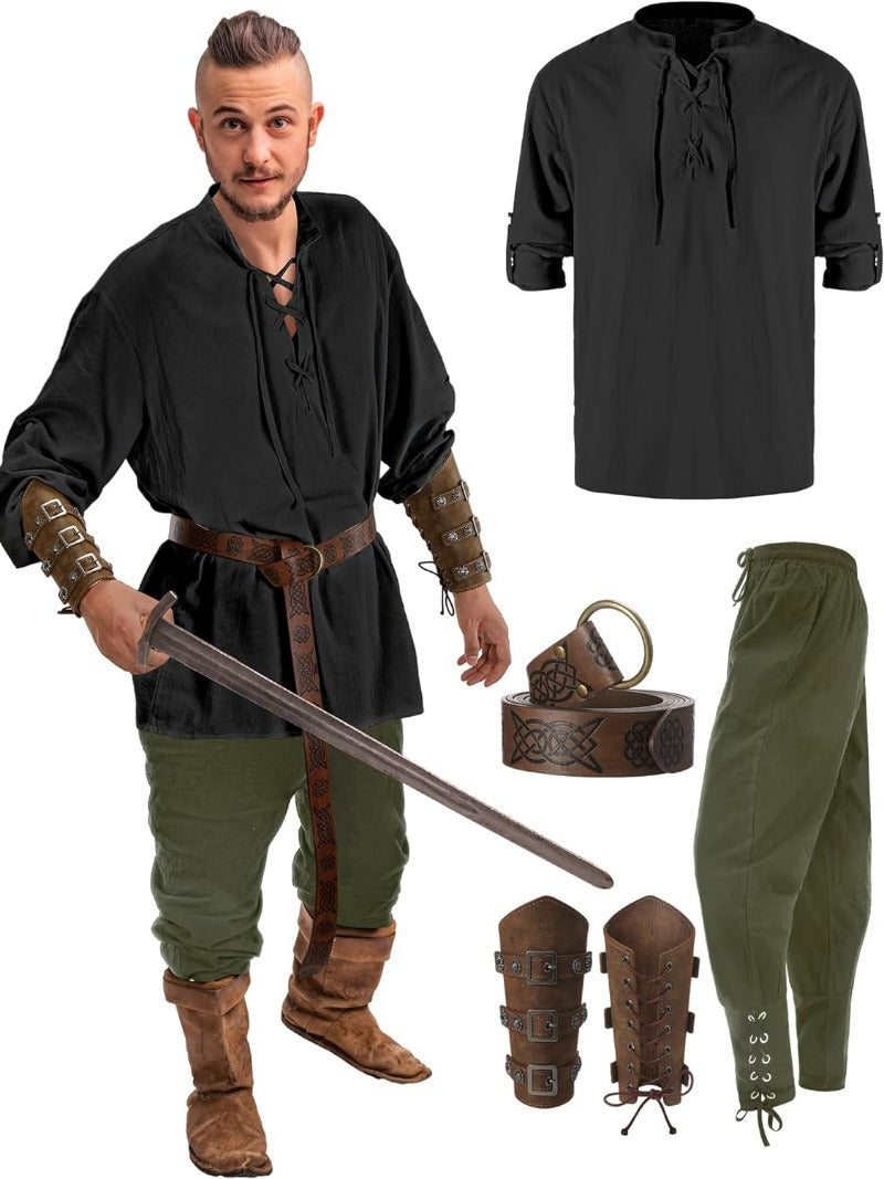 Viking Costume Set Long Sleeve Shirt Trouser (6 Colors) S-3XL