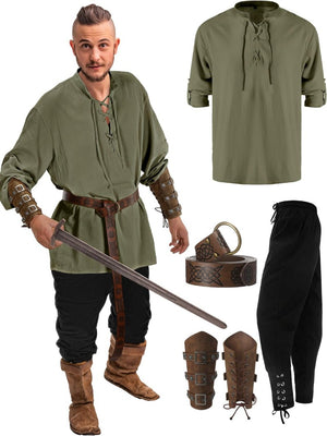 Viking Costume Set Long Sleeve Shirt Trouser (6 Colors) S-3XL