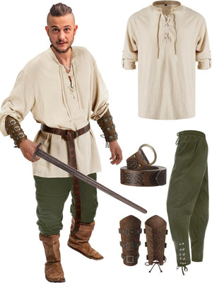 Viking Costume Set Long Sleeve Shirt Trouser (6 Colors) S-3XL