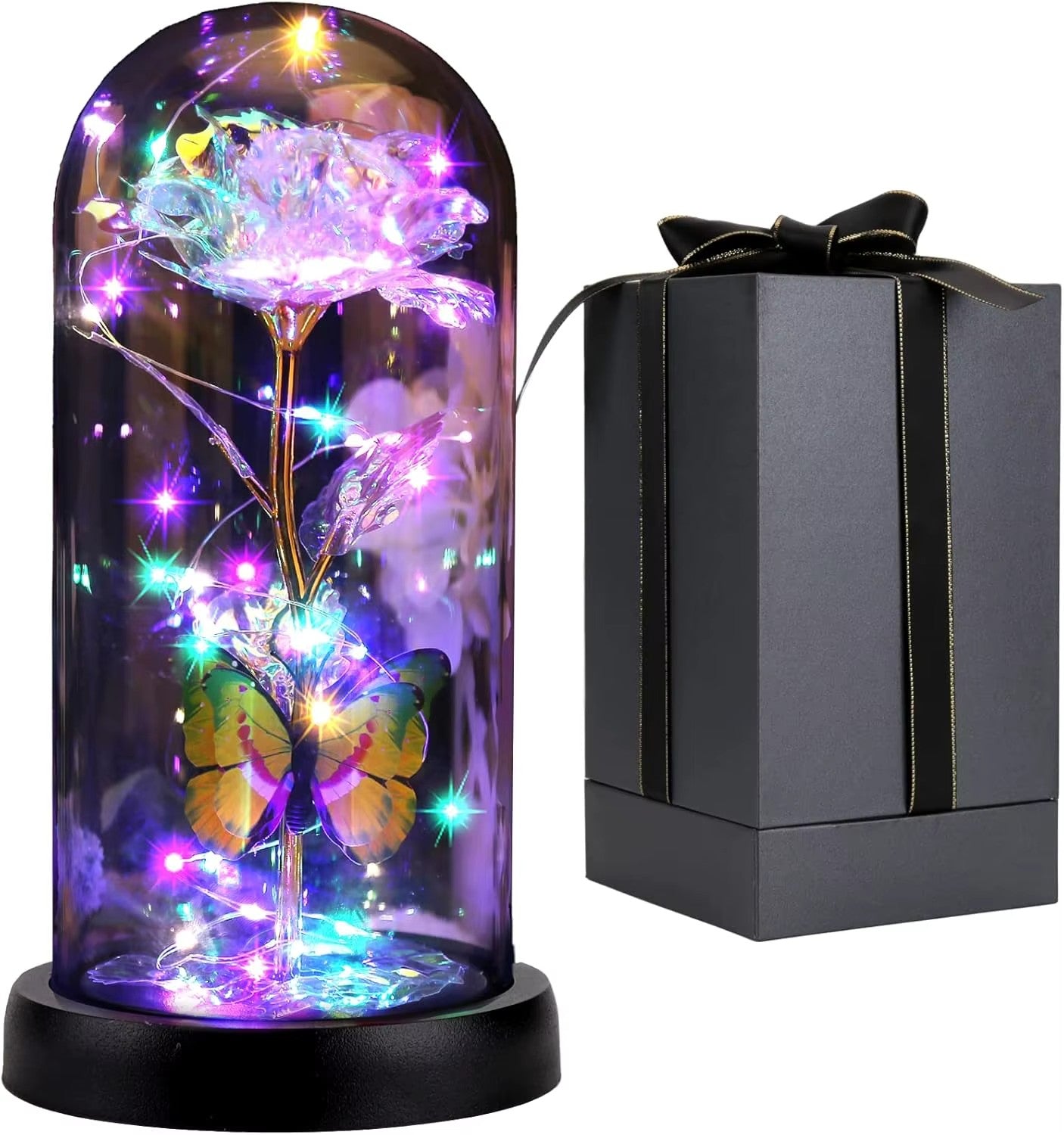 Enchanted Butterfly Galaxy Rose LED Glass Display (Pink Box)