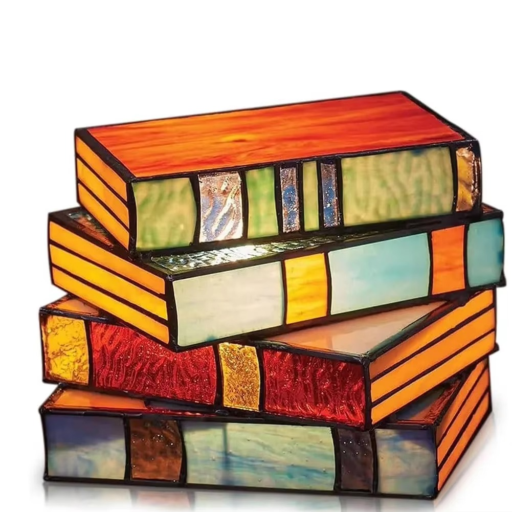 Stained Glass Book Stack Lamp Reading Night Light Library Vintage ...
