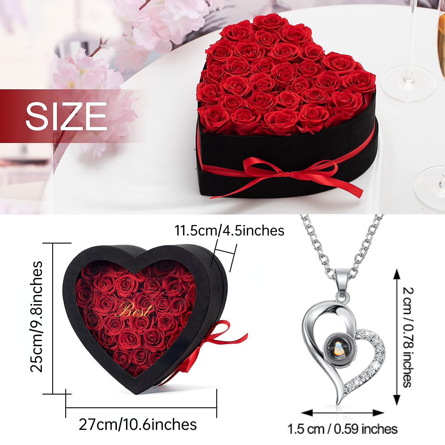 24PCS Rose Heart Necklace Gift Box Set (2 Colors) with LED