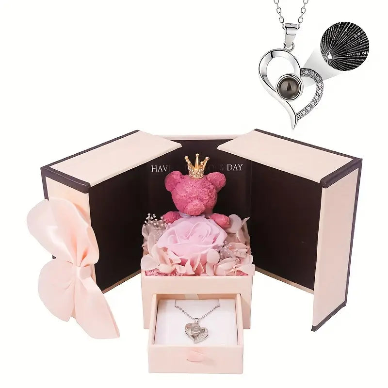 3-in-1 Enchanted Rose Crown Bear Heart Necklace Gift Box Set (4 Style)