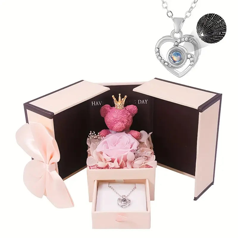 3-in-1 Enchanted Rose Crown Bear Heart Necklace Gift Box Set (4 Style)