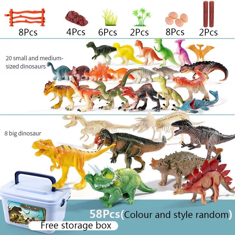 Dinosaur toy set with realistic dino figures inside a plastic storage box with handle and colorful Jurassic-themed label