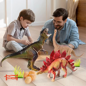 Dinosaur toy set with realistic dino figures inside a plastic storage box with handle and colorful Jurassic-themed label