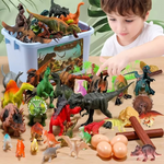 Dinosaur toy set with realistic dino figures inside a plastic storage box with handle and colorful Jurassic-themed label