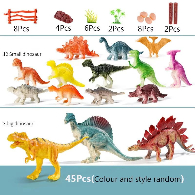 Dinosaur toy set with realistic dino figures inside a plastic storage box with handle and colorful Jurassic-themed label