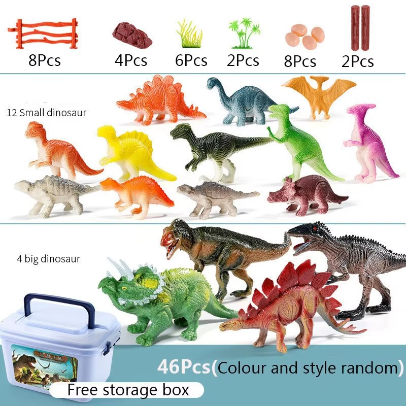 Dinosaur toy set with realistic dino figures inside a plastic storage box with handle and colorful Jurassic-themed label