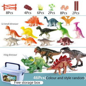Dinosaur toy set with realistic dino figures inside a plastic storage box with handle and colorful Jurassic-themed label