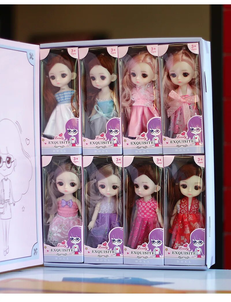8pcs Fashion Dolls Box Set (Size 16CM) with Full Clothes