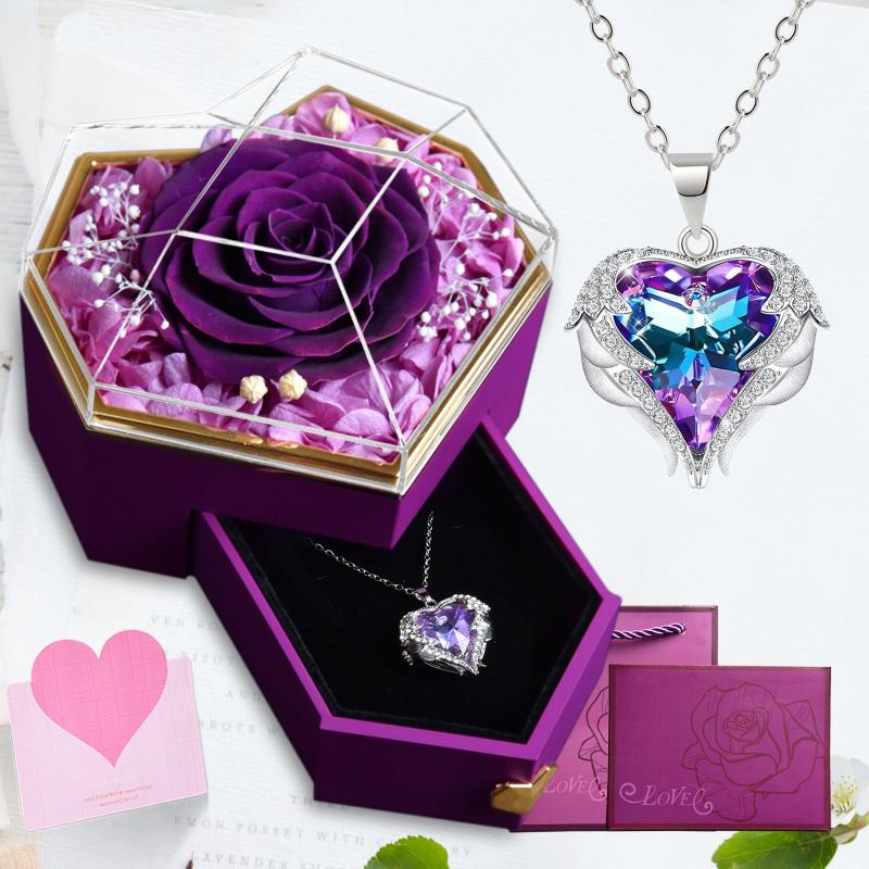 Swarovski® Crystal Angel Heart Pendant Necklace Eternal Rose Jewelry Box (5 Colors)