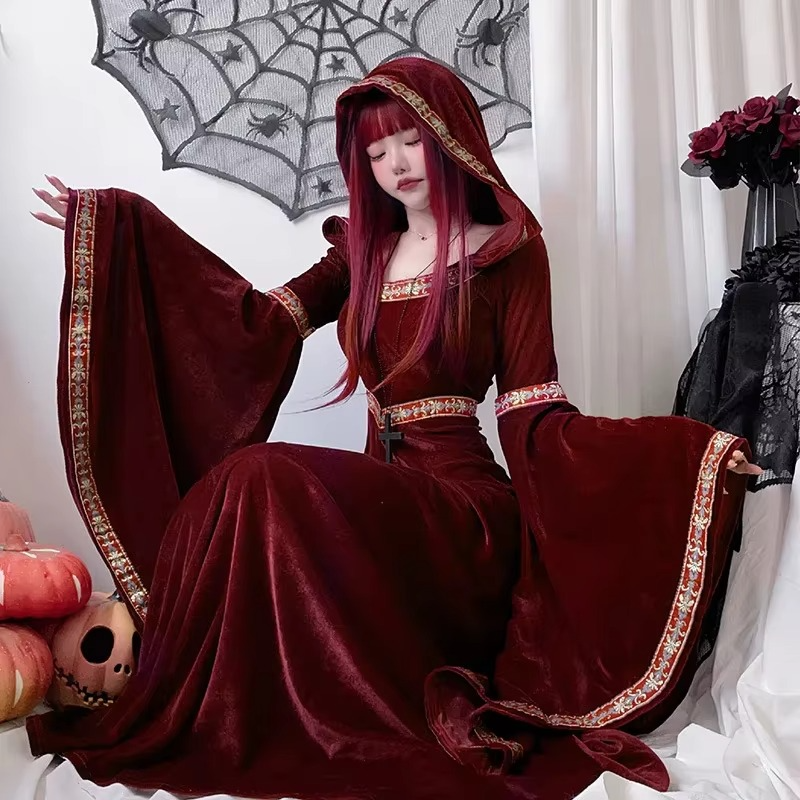 Medieval Princess Hooded Victorian Red Dress (Size S-XL)