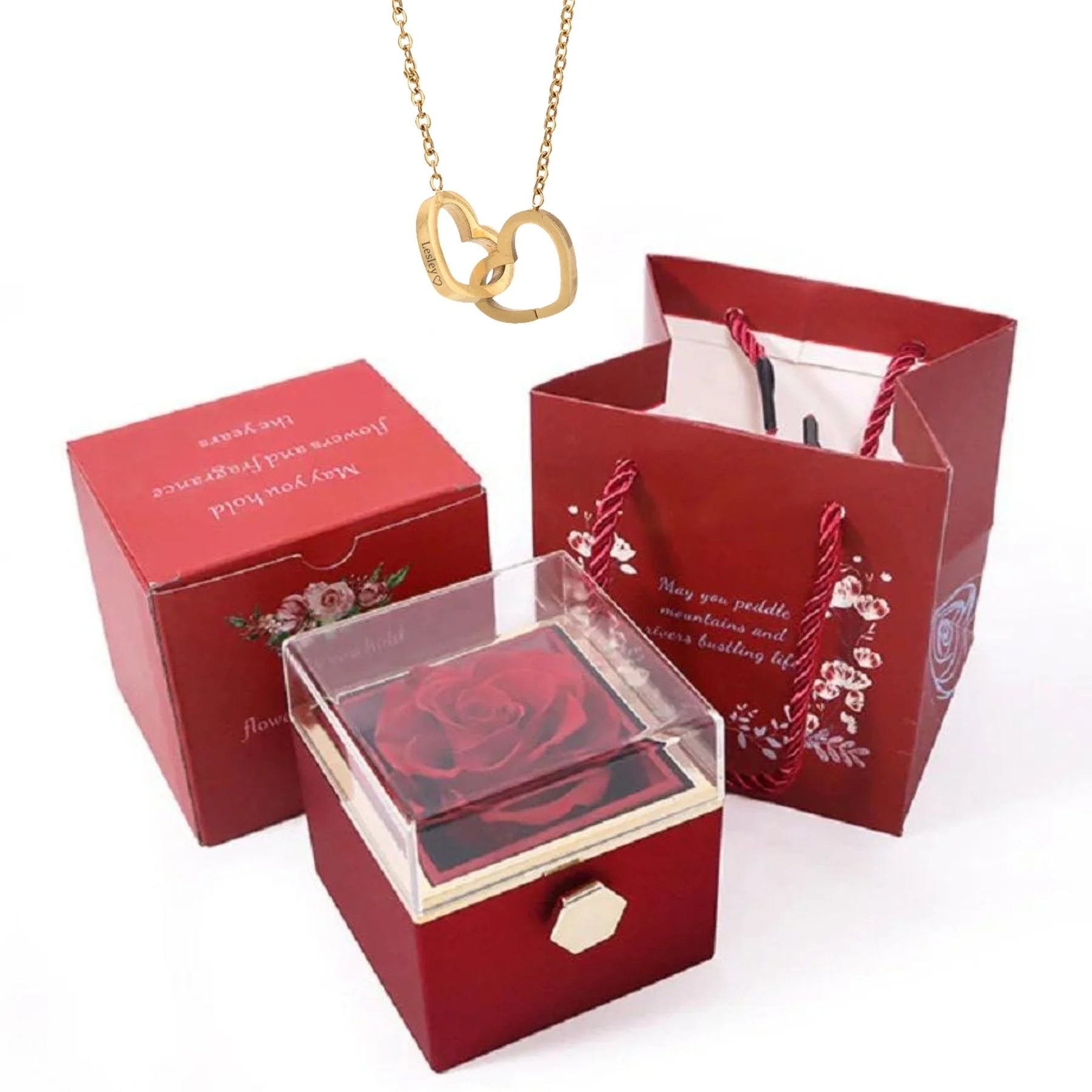 *Custom Name* Necklace Preserved Rose Jewelry Gift Box Set (4 Colors) 2 Options