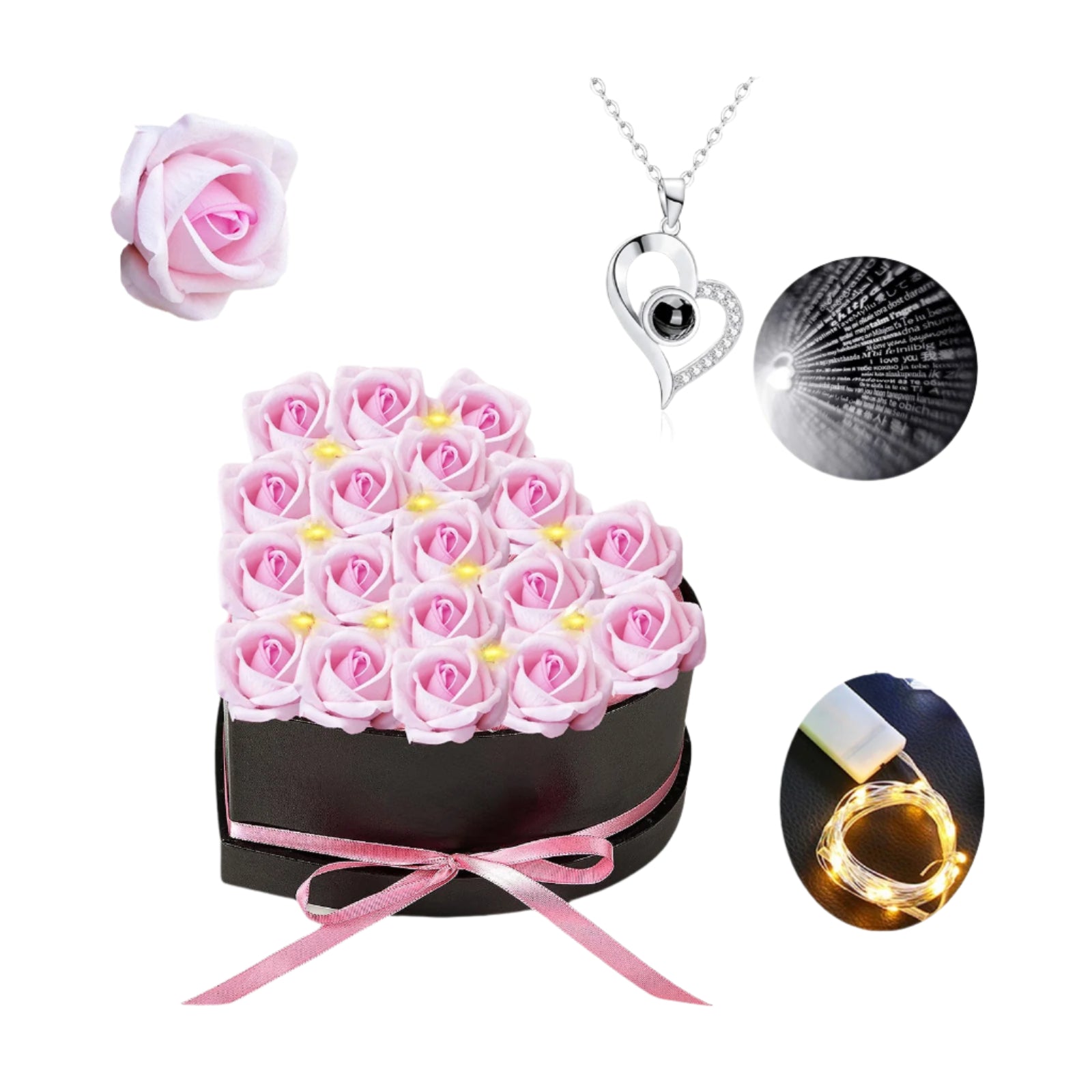 24PCS Rose Heart Necklace Gift Box Set (2 Colors) with LED