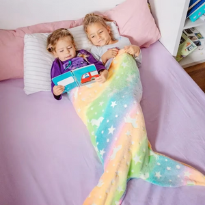 Glow-in-the-dark unicorn mermaid tail blanket for girls with rainbow design and soft flannel material