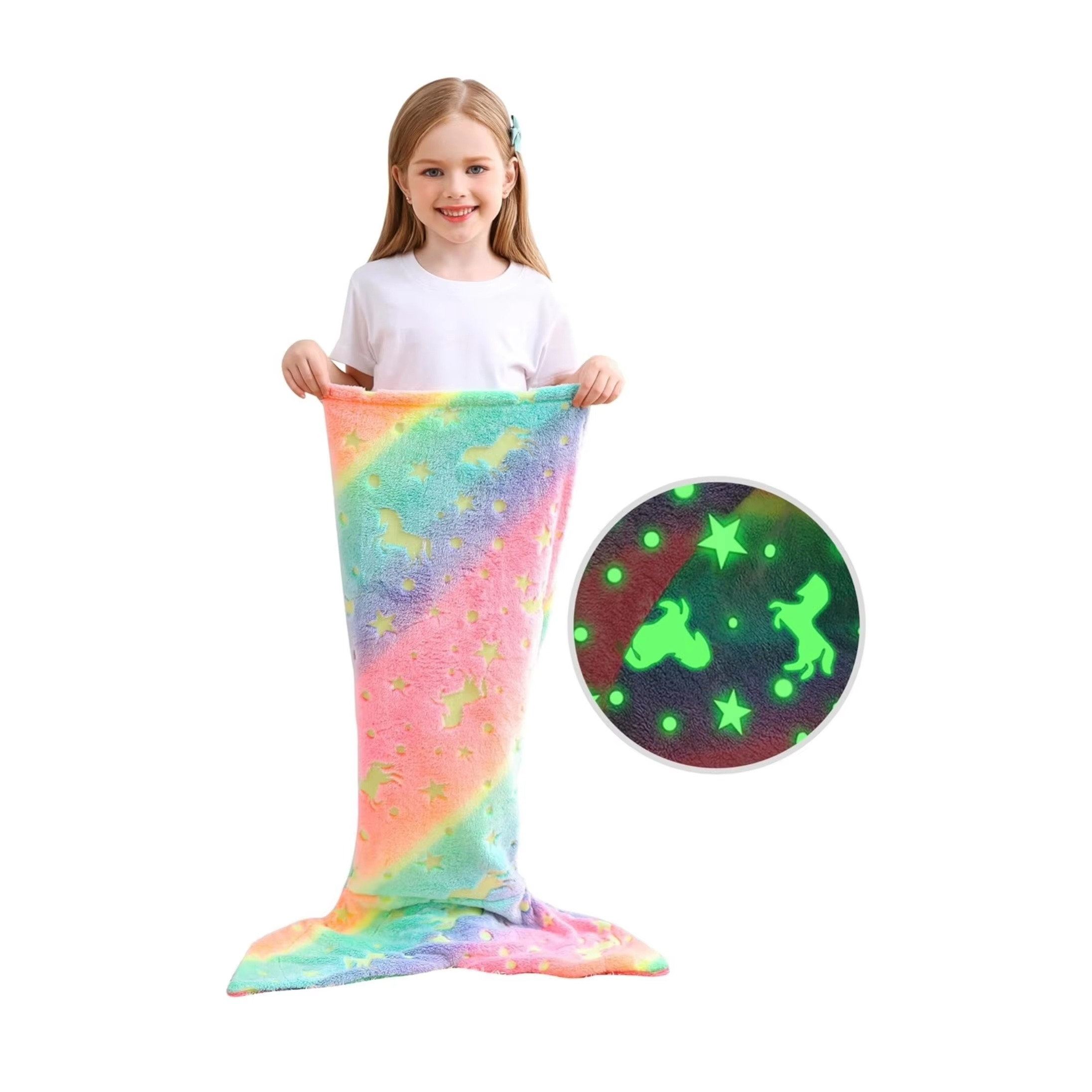 Glow-in-the-dark unicorn mermaid tail blanket for girls with rainbow design and soft flannel material