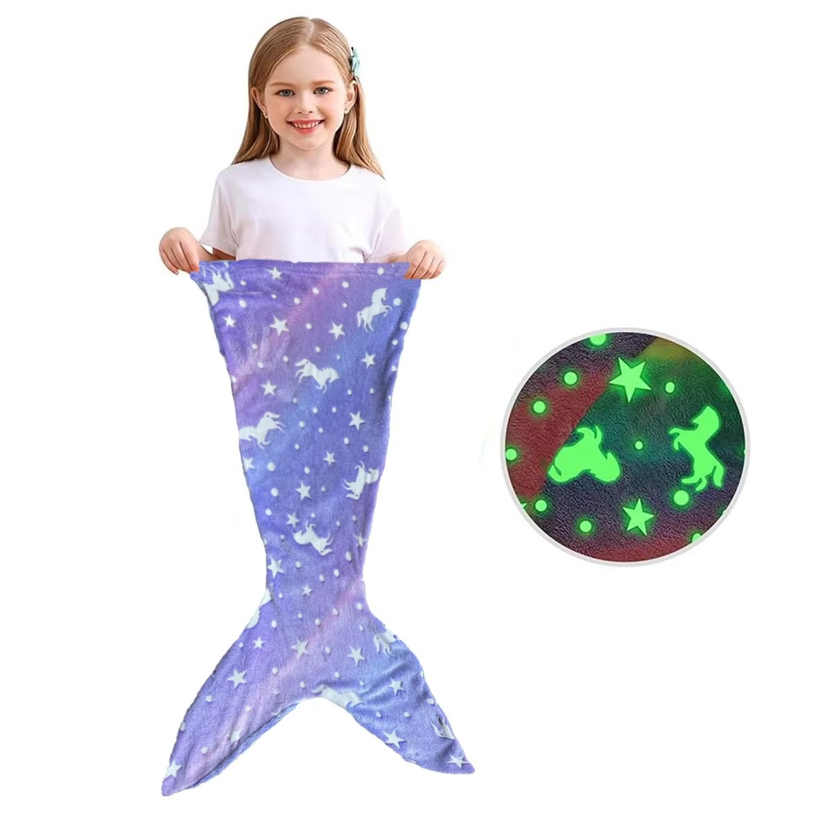 Glow-in-the-dark unicorn mermaid tail blanket for girls with rainbow design and soft flannel material