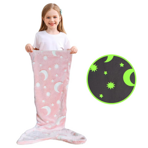 Glow-in-the-dark unicorn mermaid tail blanket for girls with rainbow design and soft flannel material