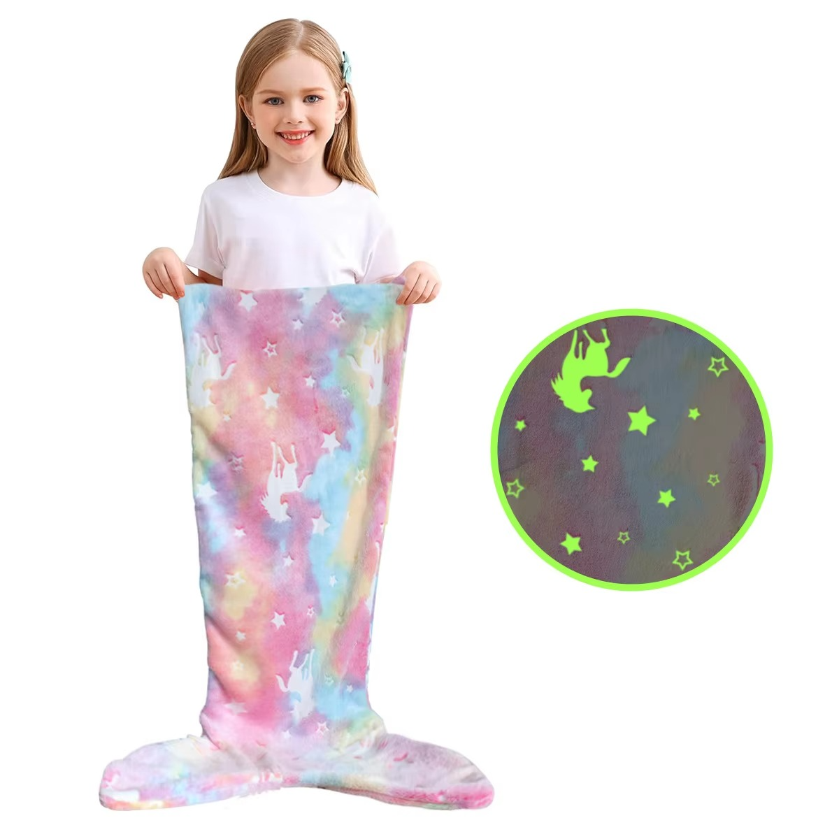 Glow-in-the-dark unicorn mermaid tail blanket for girls with rainbow design and soft flannel material